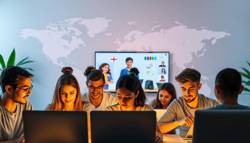 A vibrant and modern online language learning platform, with a sleek and intuitive user interface. The foreground features a group of diverse learners engaged in interactive lessons, their faces lit by the glow of laptop screens. The middle ground showcases a virtual classroom setting, with a teacher's avatar guiding the students through interactive exercises. The background depicts a stylized world map, symbolizing the global reach and interconnectivity of the platform. The scene is bathed in a warm, natural lighting that creates a welcoming and productive atmosphere, inviting the viewer to imagine themselves as part of this dynamic learning community.
