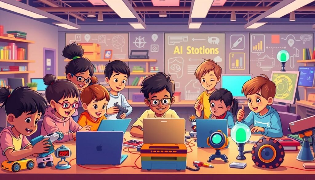 A vibrant and whimsical illustration depicting a group of diverse children engaged in a hands-on artificial intelligence workshop. The foreground showcases lively young students tinkering with robotics, coding on laptops, and experimenting with AI-powered toys and gadgets. The middle ground features an enthusiastic instructor guiding the class, surrounded by colorful learning materials and interactive displays. The background is a modern, well-equipped STEM lab filled with state-of-the-art technology, encouraging an atmosphere of curiosity, discovery, and intellectual growth. Warm lighting and a playful, enriching tone convey the joys of exploring artificial intelligence through engaging educational activities designed to nurture young minds.