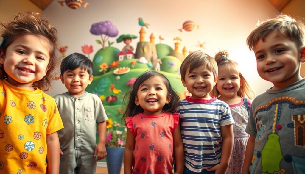 A vibrant and whimsical scene depicting the unique personality strengths of children. In the foreground, a group of diverse children, each with distinct expressions and body language, showcasing their innate qualities - one child radiates confidence, another displays creativity, a third embodies kindness. The middle ground features a lush, imaginative landscape with colorful flora and fauna, hinting at the boundless potential within each young mind. The background is filled with a soft, warm light, creating an atmosphere of wonder and possibility. Captured with a wide-angle lens, the image conveys a sense of inclusivity and celebration of the individuality that makes every child remarkable.
