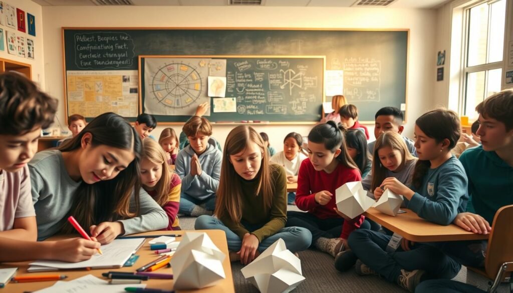 A vibrant classroom filled with engaged middle school students, their faces alight with creative expression. In the foreground, a group huddled around a table, sketching and painting, their hands a blur of motion. In the middle, others sit cross-legged on the floor, constructing intricate paper sculptures. The background reveals a chalkboard covered in colorful diagrams and brainstorming notes, illuminated by warm, diffused lighting from large windows. An atmosphere of focused collaboration and imaginative exploration pervades the scene, captured with a wide-angle lens to convey the energy and dynamism of the learning environment.