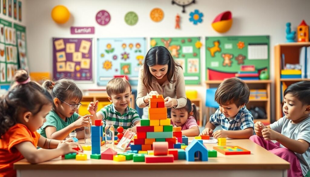 A vibrant classroom scene featuring active learning strategies for children. The foreground shows a group of animated kids engaged in hands-on activities like building block towers, conducting science experiments, and playing educational games. The middle ground depicts a teacher facilitating the learning process, guiding and encouraging the students. The background showcases a colorful, stimulating environment with educational posters, interactive displays, and cozy reading nooks. Warm lighting and a sense of wonder and discovery pervade the scene, capturing the essence of effective active learning for young minds.