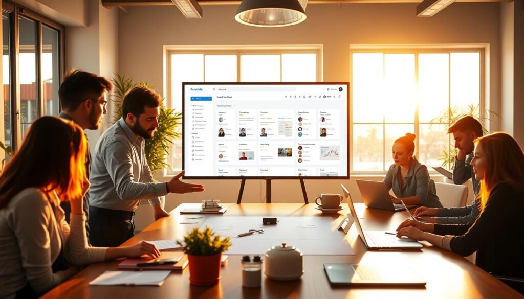 A vibrant, collaborative workspace with a team of professionals engaged in productive discussion around a central table. The scene is bathed in warm, natural lighting filtering through large windows, creating a cozy and inviting atmosphere. In the foreground, colleagues are leaning in, gesturing animatedly as they brainstorm ideas on a digital whiteboard. The middle ground features a sleek, minimalist team collaboration tool interface displayed on a large central screen, showcasing its intuitive organization and task management features. In the background, additional team members are conferring over laptops, contributing to the overall sense of a well-coordinated, efficient workflow.