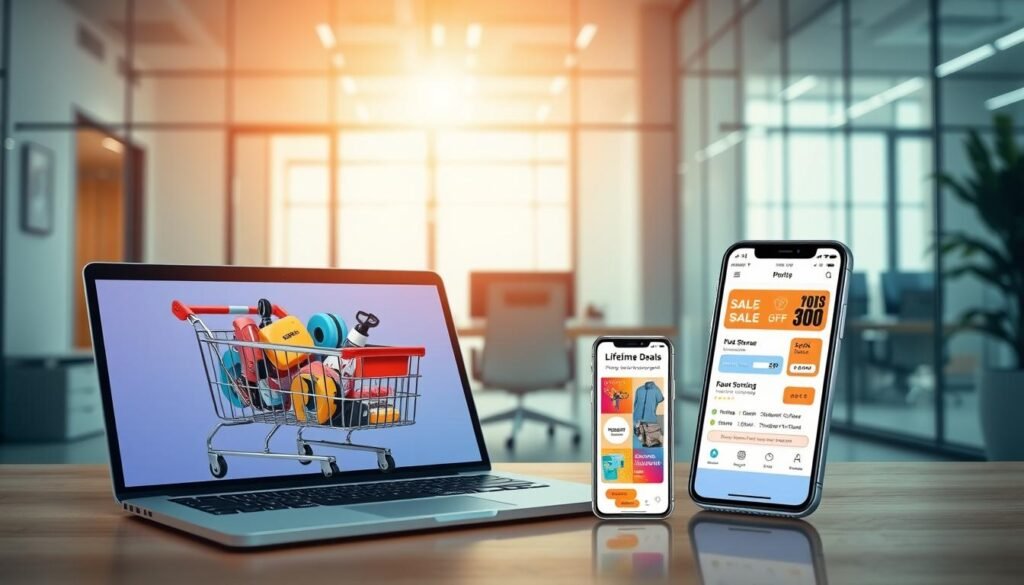 A vibrant collage showcasing various lifetime deals, set against a backdrop of a modern, minimalist workspace. In the foreground, a laptop displays a digital shopping cart brimming with discounted products, while a smartphone in the middle ground highlights a mobile app interface with ongoing sales. The background features a sleek, glass-walled office, illuminated by warm, natural lighting streaming through large windows. The overall atmosphere exudes a sense of productivity, efficiency, and the thrill of securing valuable, long-term savings.