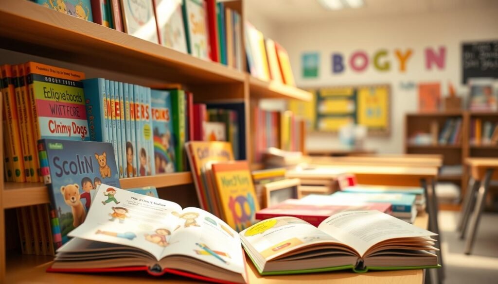 A vibrant collection of educational books for elementary school children, arranged neatly on wooden shelves. The books feature colorful, eye-catching covers with illustrations of animals, characters, and educational themes. The lighting is warm and natural, creating a inviting and welcoming atmosphere. The books are organized by subject, with sections for math, science, language arts, and more. In the foreground, a few books are open, showcasing their engaging content. The background features a softly blurred classroom setting, hinting at the learning environment these books are designed for.