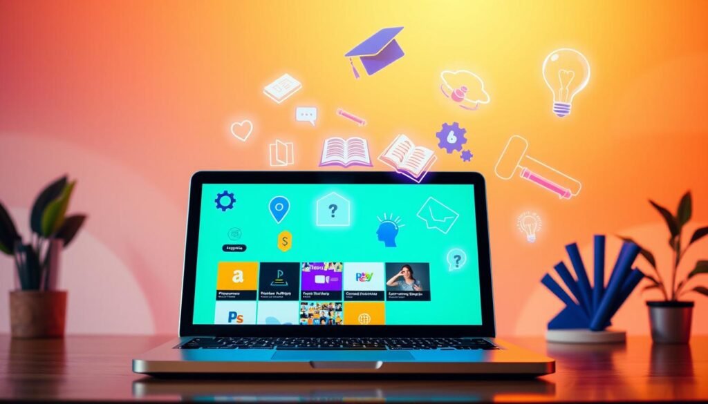 A vibrant, colorful collage depicting the best online learning domains on Udemy. In the foreground, a stylized laptop screen showcases a variety of course icons representing topics like programming, business, design, and personal development. The middle ground features floating, holographic learning symbols such as books, certificates, and lightbulbs, creating a sense of depth and dynamism. The background is a gradient of warm, inspiring tones, subtly hinting at the breadth and accessibility of Udemy's online course catalog. Lighting is soft and diffused, creating a welcoming, inviting atmosphere. The overall composition conveys the versatility, quality, and transformative potential of Udemy's online learning experience.