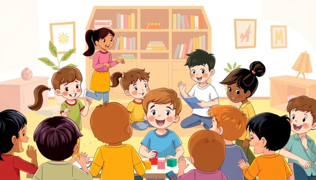 A vibrant, colorful illustration depicting children engaged in various forms of communication and social interaction. The foreground features a diverse group of children of different ages, genders, and backgrounds, gesturing animatedly, making eye contact, and collaborating on activities like drawing, playing with toys, or reading together. The middle ground showcases a warm, inviting indoor or outdoor setting, with elements that encourage communication, such as a cozy reading nook, a play area with building blocks, or a discussion circle. The background offers a serene, nurturing environment, with soft lighting, soothing colors, and subtle details that reinforce the theme of fostering effective communication skills in children.