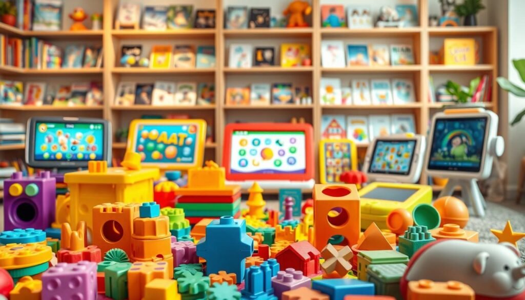 A vibrant, colorful scene showcasing an array of educational toys and games for various age groups. In the foreground, a collection of vibrant, tactile puzzles, building blocks, and shape-sorting toys invite young hands to explore and learn. In the middle ground, engaging digital games and interactive learning platforms capture the attention of older children, their screens displaying dynamic visuals and engaging animations. The background features shelves filled with educational books, flashcards, and other resources, creating a warm, nurturing environment conducive to learning and discovery. The lighting is soft and natural, casting a gentle glow over the scene, evoking a sense of calmness and curiosity. The overall composition is balanced and inviting, guiding the viewer's eye through the various educational elements tailored to different developmental stages.