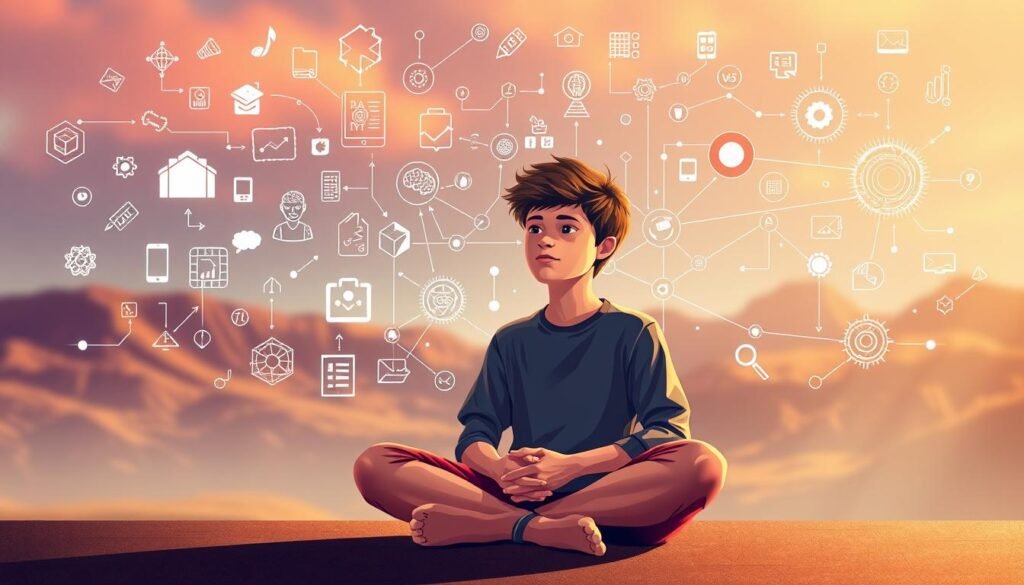 A vibrant digital illustration depicting critical thinking and problem-solving skills. In the foreground, a young person sits cross-legged, deeply engaged in contemplation, their expression pensive yet determined. Surrounding them, an array of geometric shapes, symbols, and icons representing the various cognitive processes involved in analytical thinking and problem-solving. In the middle ground, a network of interconnected lines and nodes, visualizing the flow of ideas and the interconnectedness of different concepts. In the background, a softly blurred landscape of technological elements, such as circuits, gears, and digital interfaces, conveying the integration of technology in the development of these essential skills. The overall scene is bathed in a warm, harmonious color palette, with strategic use of lighting to emphasize the focal points and create a sense of depth and dynamism.