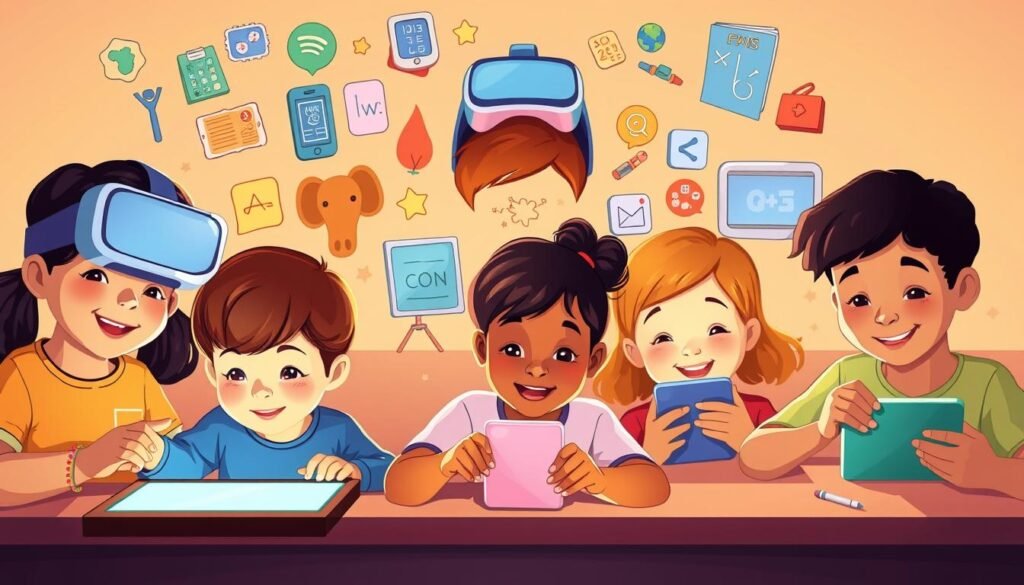 A vibrant, digital illustration showcasing young children engaged in self-directed learning. The foreground depicts a group of diverse children, each immersed in their own interactive digital devices, their faces filled with wonder and curiosity. The middle ground features an array of educational apps, virtual reality headsets, and other technology-driven learning tools, all designed to nurture and inspire the children's natural curiosity. The background sets the scene with a warm, inviting color palette, evoking a sense of creativity and discovery. The lighting is soft and diffused, creating a welcoming and engaging atmosphere that encourages the children's self-motivated exploration and learning.