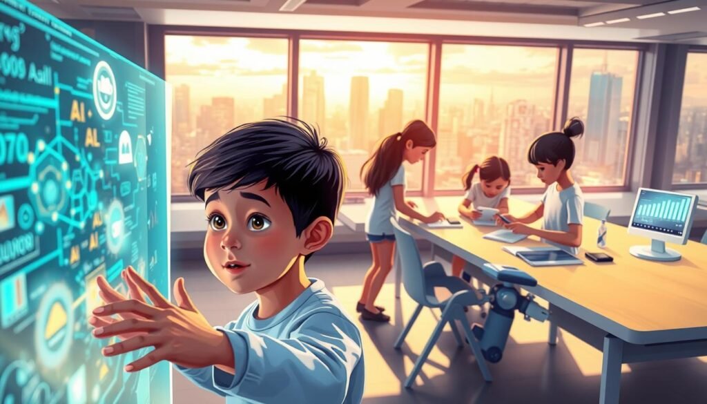 A vibrant, digitally-rendered illustration showcasing the importance of teaching artificial intelligence to children. The foreground depicts an eager young student exploring a holographic display of complex algorithms and data visualizations, their face alight with fascination. The middle ground features a diverse group of children collaborating on AI-powered robotics and programming projects, their movements fluid and dynamic. The background is a futuristic classroom setting, with sleek, minimalist furniture and large windows overlooking a cityscape alive with the promise of technological innovation. The lighting is warm and inviting, casting a gentle glow over the scene and conveying a sense of wonder and discovery. The overall atmosphere is one of curiosity, creativity, and the boundless potential of AI to shape the next generation.