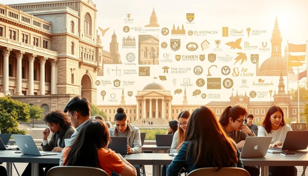 A vibrant, dynamic image showcasing leading universities' online education partnerships. In the foreground, a group of diverse students collaborating on laptops, surrounded by the iconic architectural elements of prestigious campuses. The middle ground features a seamless blend of virtual classrooms and physical learning spaces, connected by sleek, futuristic technology. In the background, a collage of renowned university logos and imagery, representing the prestigious academic institutions engaged in these innovative online programs. The scene is bathed in warm, natural lighting, conveying a sense of enlightenment and progress. The overall atmosphere is one of collaboration, innovation, and the fusion of traditional and modern educational experiences.