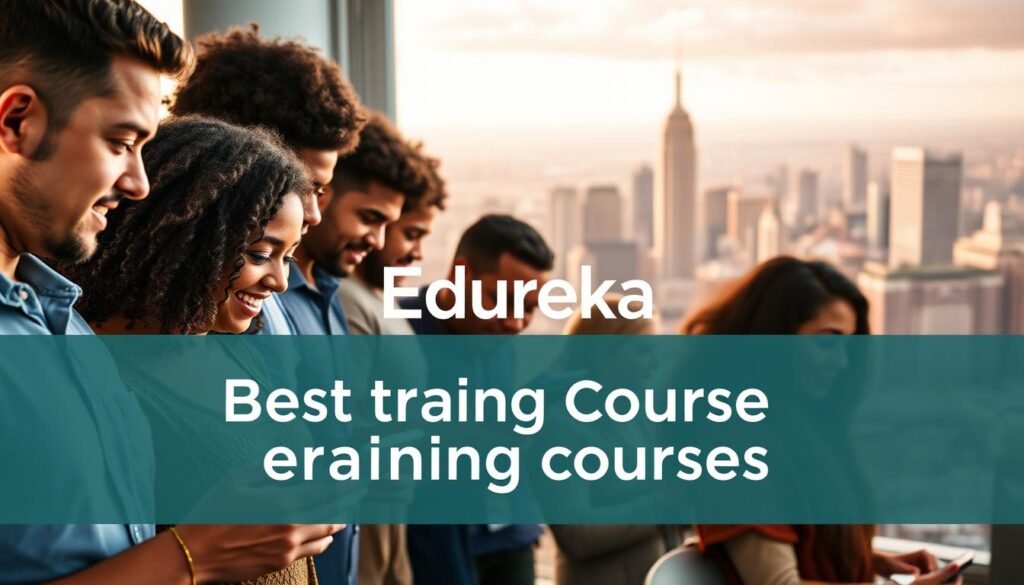 A vibrant, high-resolution image showcasing the best training courses available on Edureka. In the foreground, a group of diverse learners enthusiastically engage with digital devices, representing the interactive and immersive nature of the courses. The middle ground features a sleek, modern Edureka logo, conveying the platform's professionalism and authority. The background depicts a dynamic cityscape, hinting at the real-world applicability and career-boosting potential of the courses. The lighting is soft yet defined, creating a warm and inviting atmosphere. The overall composition is balanced and visually striking, capturing the essence of Edureka's exceptional educational offerings.