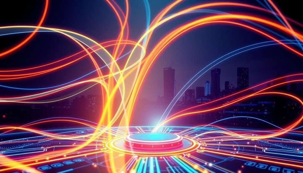 A vibrant, high-speed VPN network with dynamic data flows, visualized through smooth, glowing lines that intertwine and converge, creating a sense of seamless connectivity. In the foreground, a central hub pulsates with neon energy, representing the speed and reliability of the VPN service. The middle ground features a sleek, futuristic interface with intuitive controls, hinting at the user-friendly experience. The background showcases a cityscape silhouette, symbolizing the global reach and accessibility of the VPN, enabling uninterrupted streaming and secure torrenting from anywhere. The overall composition conveys a powerful, dynamic, and technologically advanced VPN solution.