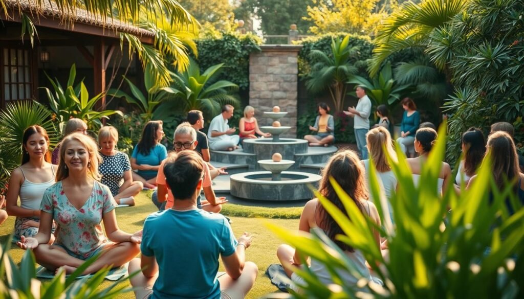 A vibrant holistic growth program unfolds in a serene garden oasis. In the foreground, a diverse group of people engage in mindfulness exercises, their faces radiating inner peace. The middle ground showcases interactive workshops, with facilitators guiding participants through personal development activities. Framing the scene, lush greenery and a calming water feature create a rejuvenating ambiance. Warm, natural lighting bathes the entire composition, evoking a sense of harmony and growth. The overall atmosphere conveys the transformative power of self-discovery and the benefits of a well-rounded personal growth journey.
