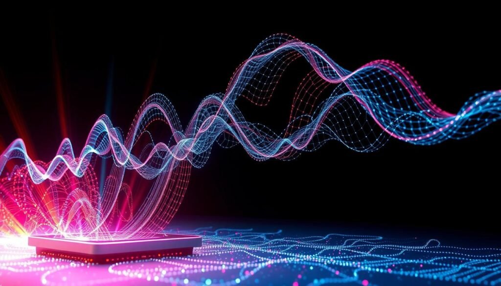 A vibrant, holographic display of brainwave activity pulses and undulates, illuminating the darkness. Intricate neural patterns dance and converge, their paths traced by shimmering lines of light. In the foreground, a sleek, futuristic device emits a mesmerizing cascade of chromatic beams, stimulating the senses and visualizing the inner workings of the mind. The backdrop is a void of shadowy depths, allowing the luminous display to take center stage, captivating the viewer with the wonders of neuroscience. The scene conveys a sense of scientific exploration, technological innovation, and the profound mysteries of the human brain.