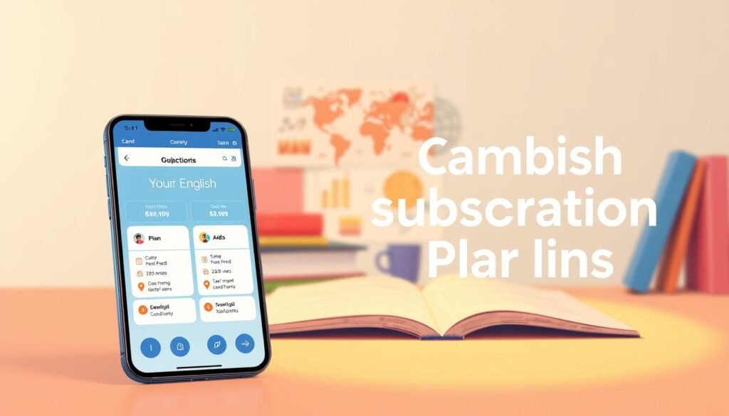 A vibrant illustration showcasing Cambly's flexible English learning subscription plans. In the foreground, a sleek mobile device displays the Cambly app's intuitive interface, highlighting the various plan options. The middle ground features a collage of study materials, including textbooks, stationery, and a stylized world map, symbolizing the global reach of Cambly's language learning platform. The background is bathed in a warm, inviting color palette, evoking a sense of comfort and productivity. Soft, diffused lighting creates a welcoming atmosphere, while a minimalist, clean design aesthetic accentuates the professionalism and accessibility of Cambly's offerings.