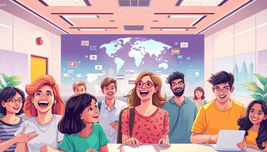A vibrant illustration showcasing "Experimental Language Learning Lessons". In the foreground, a diverse group of students eagerly engaging in interactive language exercises, their faces lit with the joy of discovery. In the middle ground, a virtual classroom with cutting-edge language-learning technology, holograms, and digital whiteboards. The background depicts a global landscape, symbolizing the boundless opportunities for cross-cultural communication. Soft, warm lighting creates an inviting atmosphere, while a sense of dynamism and forward momentum pervades the scene. Crisp, high-resolution details bring this innovative educational experience to life.