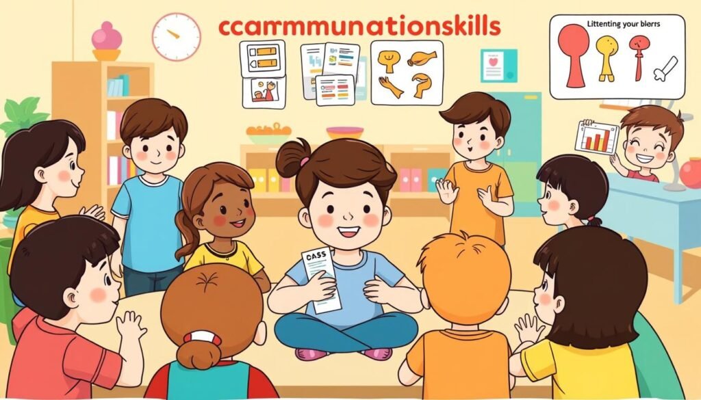 A vibrant illustration showcasing the key communication skills for children, set against a warm, inviting background. In the foreground, a diverse group of children engaged in collaborative activities like listening attentively, expressing their ideas clearly, and resolving conflicts constructively. The middle ground depicts visual aids like picture cards and gesture diagrams, highlighting the tools that facilitate effective communication. The background features a cozy, classroom-like setting with colorful educational elements, fostering an atmosphere conducive to learning essential teamwork abilities.