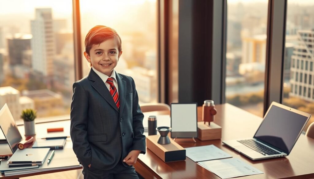 A vibrant, inspirational scene depicting the remarkable achievements of a young entrepreneur. In the foreground, a determined child stands confidently, dressed in a smart suit, surrounded by the trappings of their successful business venture - stylish office supplies, a laptop, and a stack of contracts. The middle ground showcases their innovative product or service, displayed prominently to convey a sense of pride and accomplishment. The background hints at the child's journey, with a warm, sun-drenched cityscape visible through large, floor-to-ceiling windows, suggesting their triumph over challenges and obstacles. The lighting is soft and natural, casting a glow of success and optimism. The composition and camera angle emphasize the child's poise and self-assurance, inspiring the viewer to believe in the power of youthful entrepreneurship.