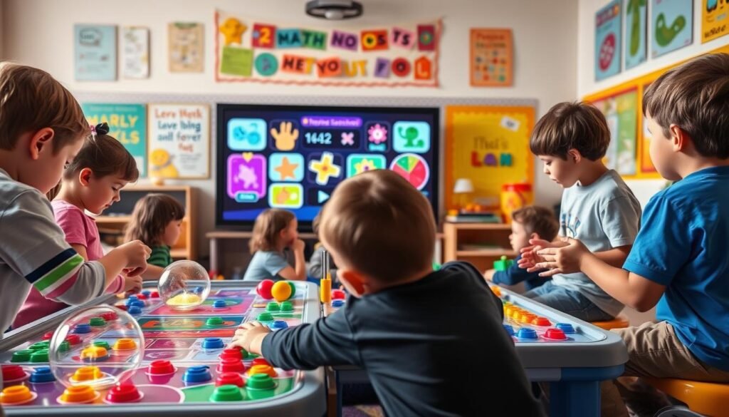 A vibrant, interactive educational game scene. In the foreground, a group of children playing with colorful, tactile learning toys that engage their senses. In the middle ground, a digital screen displays dynamic, animated lessons on subjects like math, science, and language. The background features a warm, inviting classroom setting with inspirational educational posters and wall displays. Soft, natural lighting illuminates the scene, creating a welcoming, stimulating environment for learning through play. The overall atmosphere is one of joyful discovery and hands-on intellectual engagement.