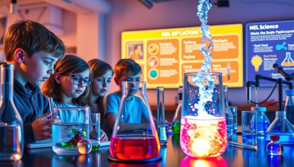 A vibrant, interactive science lab setting. In the foreground, a group of young students intently observing a mesmerizing chemical reaction, their faces lit by the glow of colorful liquids and bubbling glassware. The middle ground features various scientific instruments and equipment, meticulously arranged to foster a sense of experimentation and discovery. The background showcases a wall-mounted display highlighting the key features of the interactive scientific experiments, creating an immersive and educational atmosphere. Soft, warm lighting illuminates the scene, casting a sense of wonder and curiosity. The overall composition emphasizes the hands-on, engaging nature of the "MEL Science" interactive scientific experiences.
