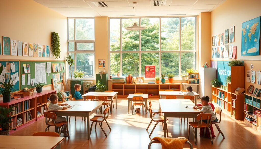 A vibrant, inviting classroom filled with natural light and warm colors. Cozy reading nooks, hands-on learning stations, and interactive displays encourage exploration and discovery. Cheerful posters, plants, and student artwork adorn the walls, creating a stimulating visual environment. Desks are arranged in collaborative clusters, fostering teamwork and communication. A large window overlooking a lush, verdant schoolyard sets the stage for an engaging, nurturing educational experience. Soft, diffused lighting and a sense of openness and airiness evoke a mood of positivity and inspiration. The overall atmosphere is one of creativity, curiosity, and a love of learning.