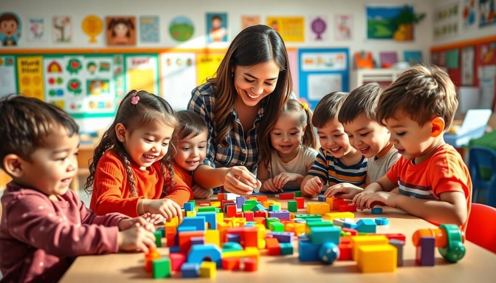 A vibrant, joyful scene of children engaged in active, interactive learning. The foreground depicts a group of young students gathered around a table, immersed in hands-on activities like building with colorful blocks, solving puzzles, and exploring educational toys. Their faces are animated with curiosity and excitement, capturing the essence of active, engaged learning. The middle ground showcases a teacher guiding the children, facilitating their exploration and discovery. The background features a bright, sunlit classroom filled with educational posters, learning resources, and engaging learning stations, creating a stimulating, interactive environment that fosters the development of diverse skills and abilities in the children.