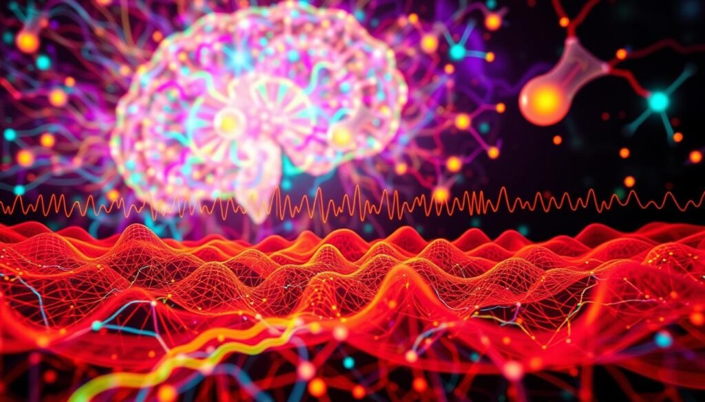A vibrant, pulsating visualization of brainwave stimulation patterns. In the foreground, a kaleidoscopic array of multicolored, undulating neural pathways and synaptic connections, capturing the dynamic electrical activity of the human brain. Transitioning into the middle ground, a series of mesmerizing waveforms and oscillating frequencies, representing the rhythmic patterns of neural impulses. In the background, a captivating swirl of abstract, luminous shapes and forms, evoking a sense of the complexity and magnificence of the brain's neural architecture. Illuminated by a warm, diffused lighting, creating a sense of depth and immersion. Captured through a wide-angle lens, offering a comprehensive view of this intricate, cerebral landscape.