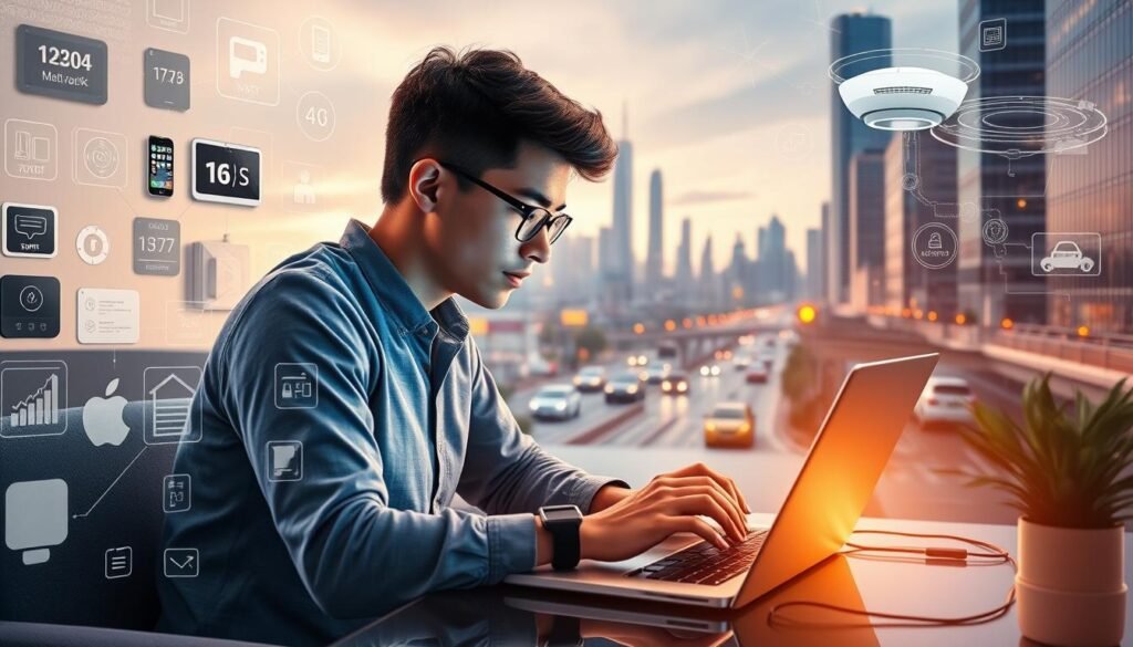 A vibrant scene depicting everyday computer applications in modern life. A young person interacting with a laptop, surrounded by various digital devices and interfaces - a smartphone, tablet, smartwatch, and smart home controls. The foreground showcases the seamless integration of technology into daily routines, from productivity apps to entertainment and communication. The middle ground features smart city infrastructure, including self-driving vehicles and automated public services. The background depicts a bustling urban landscape with skyscrapers, conveying the pervasive nature of computer science in the fabric of contemporary society. Soft, warm lighting casts a sense of harmony and accessibility, highlighting the ubiquity of digital tools in enhancing the human experience.