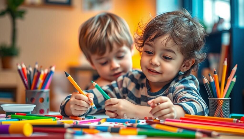 A vibrant scene of a young child engrossed in a creative project, surrounded by a colorful array of art supplies and drawing tools. The child's face is filled with a sense of wonder and excitement, their hands skillfully manipulating various media to bring their imaginative ideas to life. The background is a warm, inviting space, with soft lighting that casts a gentle glow, fostering an atmosphere of inspiration and exploration. The overall composition conveys the importance of nurturing a child's natural curiosity, creativity, and entrepreneurial mindset, laying the foundation for a future of innovation and self-empowerment.