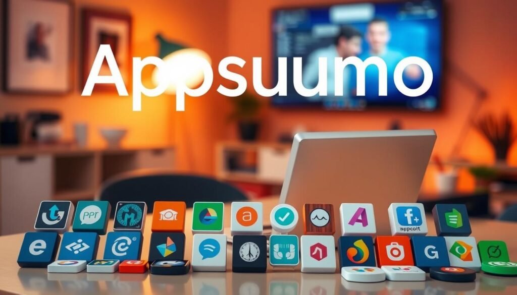 A vibrant, visually striking image showcasing the essence of Appsumo's lifetime deals. In the foreground, a neatly organized display of various software icons and logos, each representing the diverse range of products and services offered by Appsumo. The middle ground features a clean, minimalist workspace, with a laptop and desk accessories, creating a sense of productivity and professionalism. The background is bathed in a warm, inviting glow, conveying the feeling of a well-lit, modern office environment. The overall composition is balanced, with a focus on highlighting the key elements of Appsumo's lifetime deals in a visually appealing and cohesive manner.