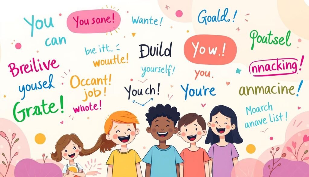 A vibrant, warm-toned illustration showcasing a collection of inspiring phrases and words of encouragement for children. The foreground features a variety of colorful, hand-lettered phrases floating in a whimsical, playful arrangement, such as "You can do it!", "Believe in yourself", "Great job!", and "You're amazing!". The middle ground depicts a group of diverse, smiling children of different ages and backgrounds, reacting positively to the encouraging words. The background is a soft, pastel-hued scene, with abstract shapes and patterns that create a sense of joy and positivity. The lighting is natural and diffused, giving the overall image a cheerful, uplifting atmosphere. The composition is balanced, with the phrases and children positioned in a visually appealing layout.