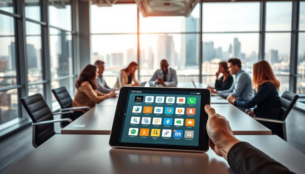 A vibrant, well-lit office interior with a team of professionals collaborating around a large conference table. In the foreground, a tablet displays the SetApp logo and interface, showcasing its intuitive design and comprehensive app suite. The middle ground features employees engaged in productive discussions, highlighting the software's ability to streamline workflows and boost productivity. The background depicts expansive windows overlooking a bustling city skyline, conveying a sense of modern, forward-thinking enterprise. The overall scene radiates a professional, collaborative atmosphere, visually communicating the benefits of utilizing SetApp's intelligent app solutions for businesses.