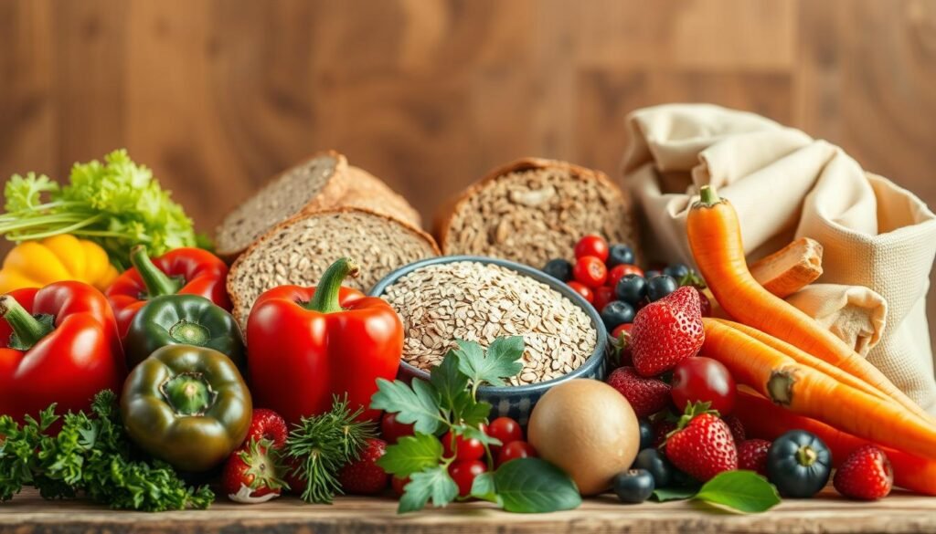 A visually appealing still life composition depicting an assortment of fiber-rich foods for children. The foreground features an array of colorful fruits and vegetables, such as brightly colored bell peppers, vibrant orange carrots, and juicy berries. In the middle ground, whole grain breads, oats, and other high-fiber grains are neatly arranged. The background showcases a warm, natural setting with soft lighting, perhaps a wooden table or rustic backdrop, creating a cozy and inviting atmosphere. The overall scene conveys a sense of nourishment, health, and the importance of incorporating fiber-rich foods into a child's diet to support their bowel regularity and overall wellbeing.