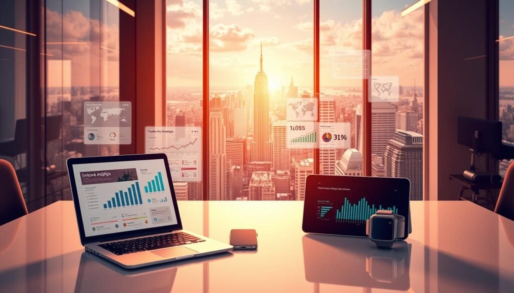 A visually captivating illustration of business performance enhancement tools. A meticulously crafted scene depicts a clean, modern office environment. In the foreground, a variety of productivity-boosting devices and software are prominently displayed, including a sleek laptop, a smartphone, a tablet, and a smartwatch. The middle ground showcases intuitive analytics dashboards, project management applications, and collaboration platforms, all working in seamless harmony. The background features an expansive view of a bustling cityscape, symbolizing the global reach and scale of modern enterprises. Warm, directional lighting accentuates the clean lines and sophisticated aesthetics, creating an atmosphere of efficiency, innovation, and growth.