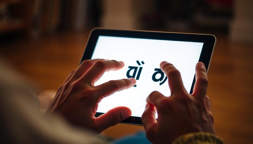 A vivid close-up view of a person's hands interacting with a tablet displaying the Spanish language text "تعلم الإسبانية". The screen is backlit, creating a warm, soft glow that illuminates the hands. The person's fingers are expertly manipulating the tablet, suggesting an engaged and focused learning experience. The background is blurred, creating a sense of depth and emphasizing the central focus on the hands and the tablet. The overall composition conveys a feeling of dedication, progress, and the joyful discovery of a new language.