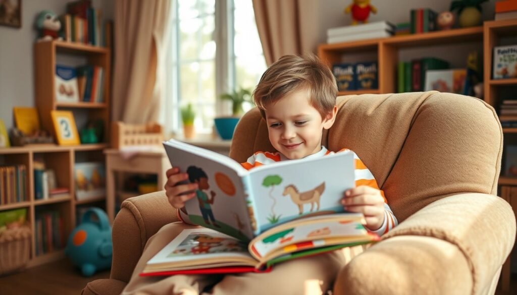 A warm, cozy domestic scene of a young child snuggled up in a comfy armchair, thoroughly engrossed in an illustrated storybook. Soft, natural lighting filters through a window, casting a gentle glow on the child's face as they turn the pages with wonder. The room is filled with bookshelves, educational toys, and other learning resources, creating an inviting atmosphere that encourages intellectual curiosity and a love of reading. The child's expression is one of pure joy and engagement, perfectly capturing the magic of getting lost in a good book.