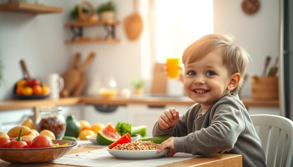 A warm, inviting kitchen scene. In the foreground, a smiling child sits at a table, eating a healthy meal of fruits, vegetables, and whole grains. The mid-ground features a parent or caregiver preparing a glass of juice or smoothie, signifying a balanced, fiber-rich diet. The background showcases a cozy, well-lit space with natural light filtering through, creating a soothing atmosphere. The overall composition emphasizes the importance of long-term, gentle dietary changes to prevent child constipation, rather than relying solely on laxatives. Soft, earthy tones and a sense of nurturing care permeate the scene.