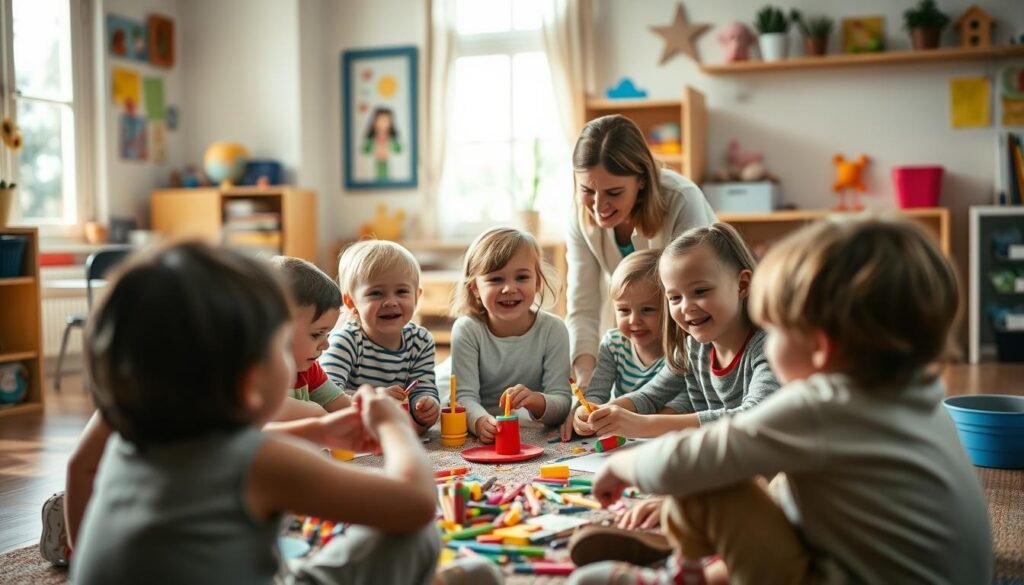 A warm, inviting scene of children engaged in joyful, imaginative play. In the foreground, a group of young kids sit in a circle, their faces alight with wonder as they create colorful arts and crafts projects. Soft, natural lighting filters in, casting a gentle glow on their excited expressions. In the middle ground, a teacher or caregiver guides the children, offering encouragement and support. The background depicts a cozy, nurturing environment, with cheerful decorations and educational materials lining the walls. The overall atmosphere conveys a sense of emotional engagement, creativity, and the fostering of essential skills through playful, expressive activities.