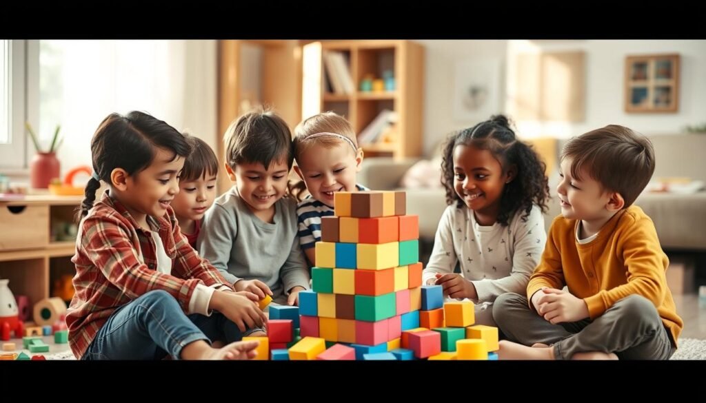 A warm, inviting scene of young children engaged in collaborative play, fostering their social and emotional development. A group of diverse kids sit in a cozy living room, working together to build a colorful block tower. Soft, natural lighting casts a gentle glow, creating an atmosphere of calm and learning. The children's expressions are focused yet joyful, demonstrating the fulfillment that comes from teamwork and social interaction. Scattered toys and art supplies in the background suggest a nurturing, enriching environment that encourages creativity and social-emotional growth. The overall composition conveys the essential psychological and social foundations for successful group work in childhood.