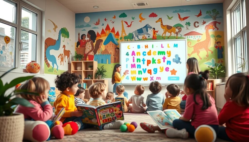 A warm, inviting scene of young children engaged in playful language-learning activities. In the foreground, a group of kids sit in a cozy reading nook, surrounded by vibrant picture books and plush toys. The middle ground features an interactive whiteboard displaying colorful letters and shapes, as a teacher guides the students through an engaging lesson. In the background, a vibrant mural depicts diverse cultures and languages, symbolizing the rich tapestry of linguistic development. Soft, natural lighting filters through large windows, creating a nurturing, educational atmosphere. The overall scene conveys the importance of cultivating children's linguistic skills through interactive, joyful methods.