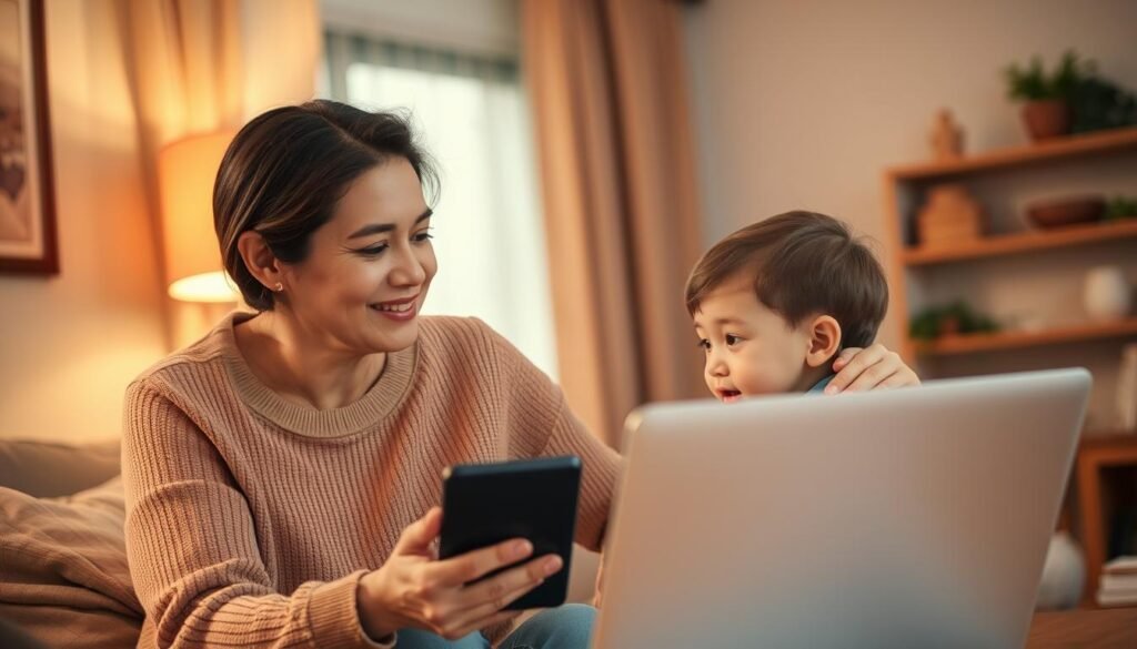 A warm living room with cozy lighting, showcasing a parent and child engaged in a thoughtful conversation about technology. The parent's face is filled with a nurturing expression, guiding the child's curiosity with a reassuring hand on their shoulder. In the background, a laptop or tablet sits on a table, suggesting the topic of their discussion. The scene radiates a sense of trust, understanding, and the parent's role in shaping the child's technological journey.