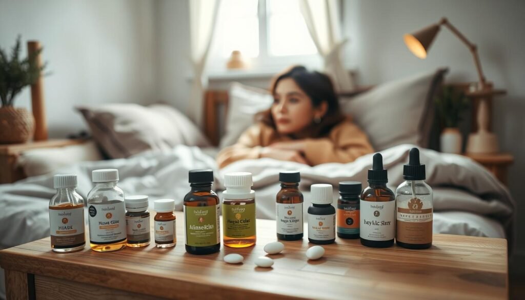 A warm, softly lit bedroom setting with a serene, thoughtful parent carefully examining different natural sleep aid options for their child. The foreground shows an array of herbal tinctures, essential oils, and other gentle remedies laid out on a wooden nightstand. The middle ground features the parent, dressed in comfortable, cozy clothing, their expression one of careful consideration as they evaluate the products. The background depicts a tranquil, inviting bedroom with muted colors, soft textures, and soothing decor, creating a calming, nurturing atmosphere. Subtle, natural lighting from a nearby window casts a gentle glow over the scene, emphasizing the care and attention being given to finding the right sleep solution for the child.