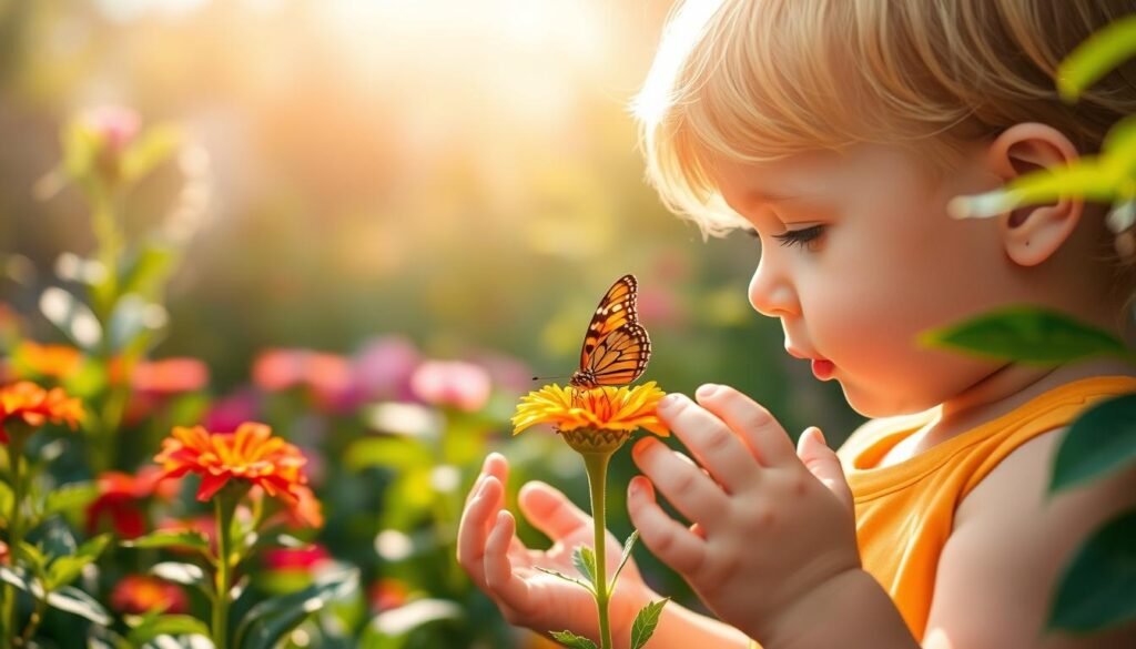 A warm, sun-dappled scene of a child intently observing a butterfly resting on a vibrant flower. The child's face is full of wonder and curiosity, their small hands reaching out gently to get a closer look. In the middle ground, a lush garden with verdant foliage and colorful blooms creates a serene, inviting atmosphere. The background is softly blurred, drawing the viewer's attention to the child's captivating expression and the delicate interaction unfolding. Captured with a shallow depth of field and natural lighting, the image conveys a sense of peaceful observation and the child's innate strengths of focus, gentleness, and a desire to explore the natural world.