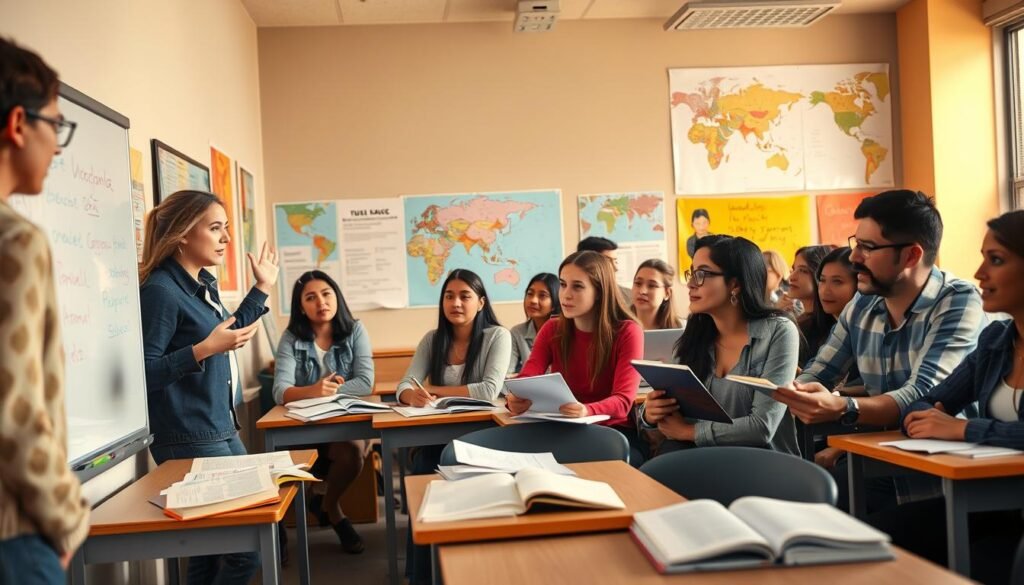 A well-lit classroom setting with a group of diverse students intently focused on learning a new language. In the foreground, a teacher stands at a whiteboard, gesturing animatedly while explaining grammar concepts. On the desks, open textbooks and notebooks suggest an active, collaborative learning environment. The middle ground features students of various ages and backgrounds, some taking notes, others engaged in lively discussions. In the background, the room is adorned with language-learning posters and maps, creating an immersive, educational atmosphere. The lighting is warm and natural, highlighting the students' engaged expressions and the overall sense of productive language study.