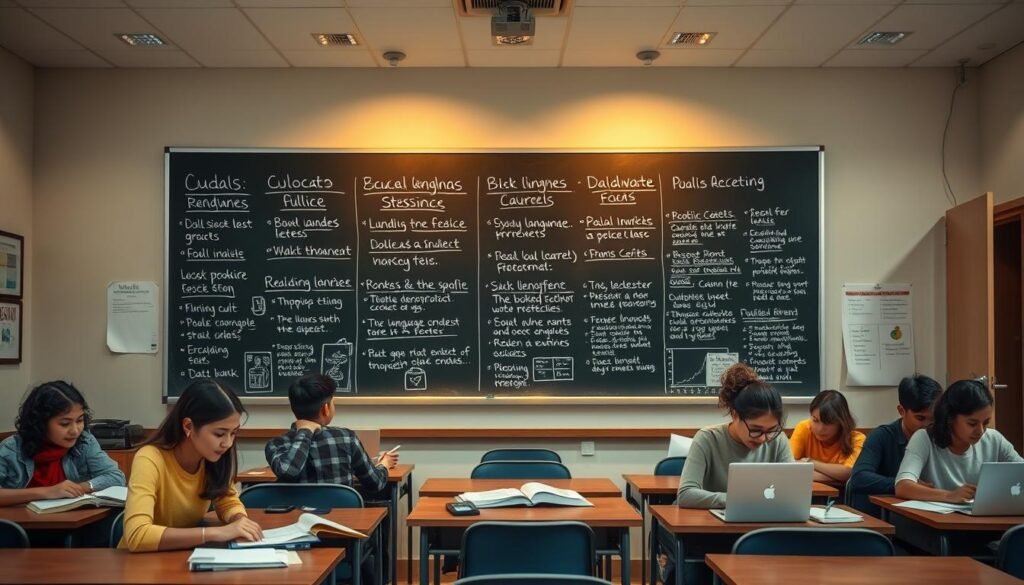 A well-lit classroom setting with a large chalkboard or whiteboard taking up the central focus. On the board, a series of language lessons and exercises are displayed, with illustrations and diagrams alongside the text. In the foreground, several students of diverse backgrounds are seated at desks, engaged in interactive language learning activities, using textbooks, laptops, and other educational materials. The overall atmosphere is one of productivity, collaboration, and a sense of discovery as the students immerse themselves in the process of mastering a new language. Soft, warm lighting from overhead fixtures casts a gentle glow, creating a welcoming and conducive learning environment.