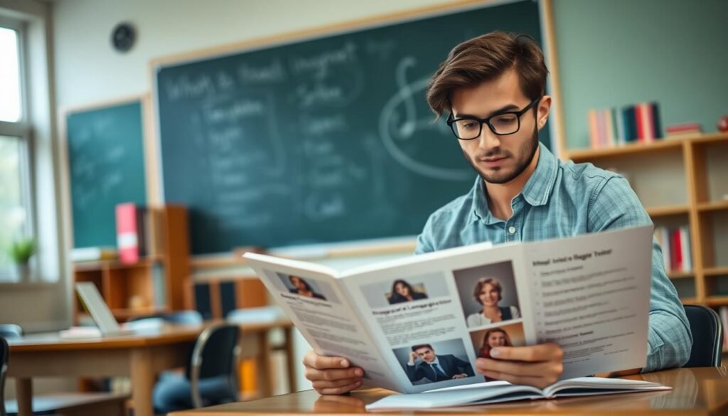 A well-lit classroom with a chalkboard and bookshelves in the background. In the foreground, a person in casual attire sits at a desk, intently reviewing a portfolio of potential tutors. The person's expression is one of careful consideration, as they carefully examine the qualifications and profiles of various language instructors. The scene conveys a sense of thoughtfulness and deliberation in the process of selecting the ideal language tutor.