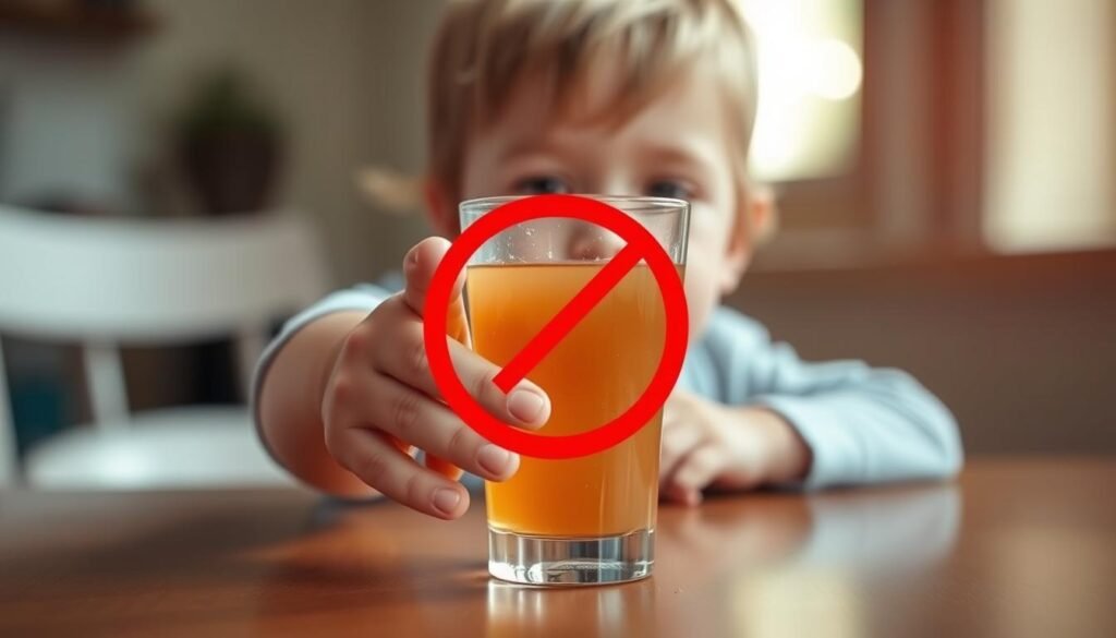 A well-lit, close-up photograph of a young child's hand reaching for a glass of kombucha on a wooden table, with a cautionary symbol (e.g., a hazard sign or a red circle with a line) superimposed over the glass to indicate the potential danger. The child's expression should convey curiosity, while the background is blurred to focus attention on the central scene. The lighting should be natural and soft, creating a sense of warmth and caution. The overall mood should be one of concern and education, guiding the viewer to understand the importance of responsible kombucha consumption for children.