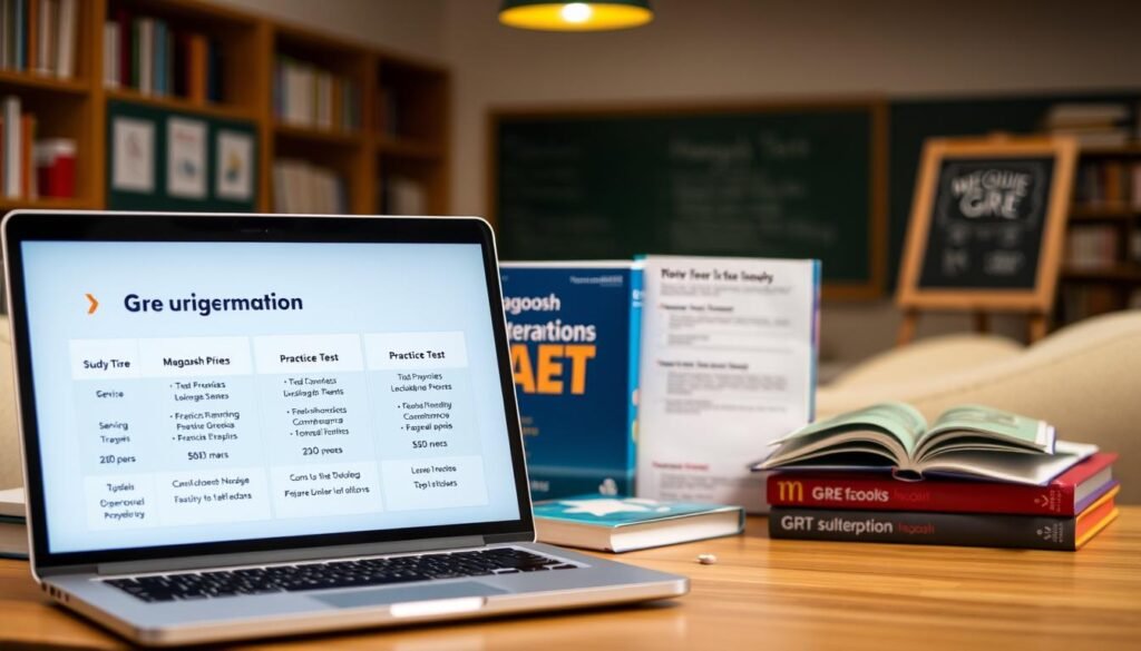 A well-lit desktop display showcasing various Magoosh GRE prep subscription options. In the foreground, a laptop or tablet displays the pricing tiers, featuring different service levels and their associated costs. The middle ground shows study materials like textbooks, practice tests, and online resources. The background subtly hints at the educational setting, with bookshelves, a chalkboard, or a university campus in the distance, creating a professional and scholarly atmosphere. The overall composition conveys the comprehensive nature of Magoosh's GRE prep solutions and the accessible pricing structure.