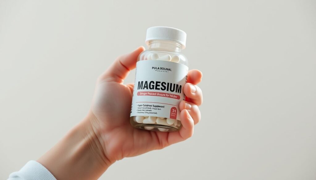 A well-lit, high-resolution 3D render of a child's hand holding a bottle of magnesium supplement pills, with a neutral, calming background. The bottle should be clearly labeled with the recommended dosage for children. The lighting should be soft and natural, with a focus on the bottle and hand. The angle should be slightly angled to showcase the details of the bottle and pills. The overall mood should convey a sense of safety, trust, and medical authority.